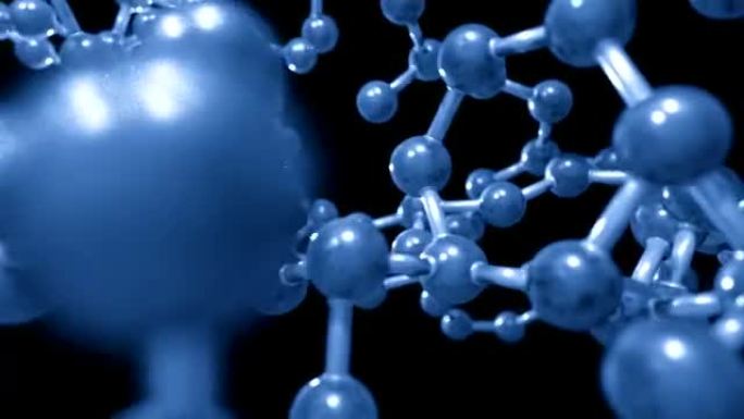 分子球和棒模型飞越原子化学生物学科学，蓝色