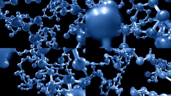 分子球和棒模型飞越原子化学生物学科学，蓝色