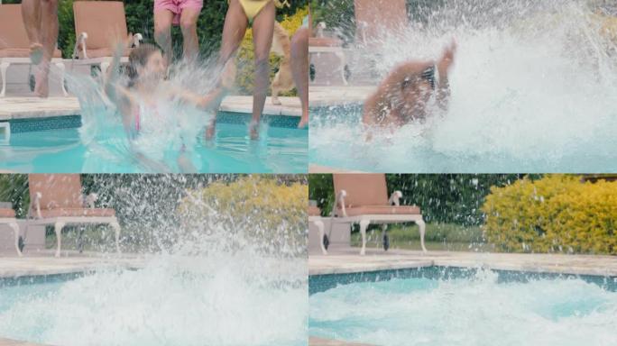 朋友跳进游泳池玩得开心一起庆祝暑假一群青少年在阳光明媚的日子享受泳池派对，狗跑兴奋4k