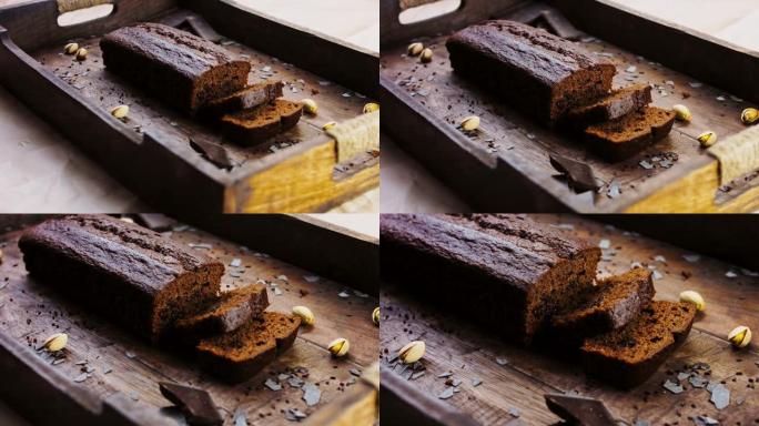 用开心果和巧克力装饰的自制蛋糕