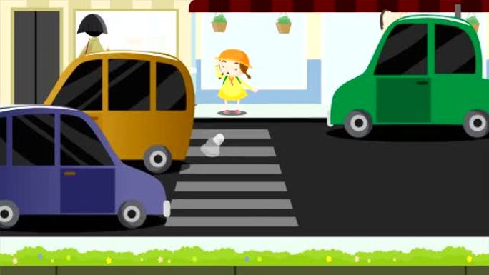 小女孩穿过繁忙的街道