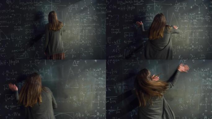 后视图: 女人用粉笔在黑板上写数学公式，沮丧并愤怒地擦拭它。女科学家试图解方程，被卡住时感到愤怒