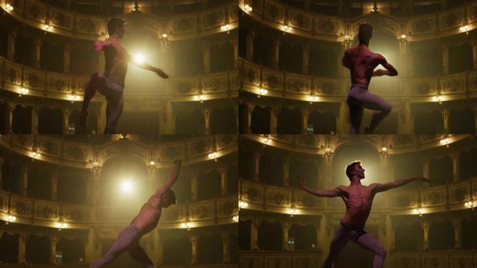 慢动作电影拍摄的运动男子在经典剧院舞台上跳舞和排练旋转木马，并带有戏剧性的灯光。优雅的古典芭蕾舞男舞