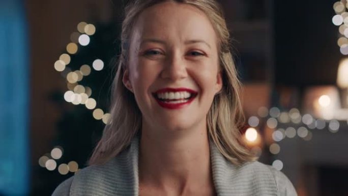 肖像美女在家庆祝圣诞节欢笑为节日庆祝活动兴奋4k镜头