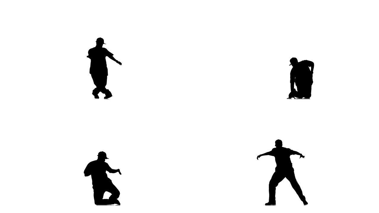 运动型男子蹲在白色背景上跳舞嘻哈kramp，慢动作，剪影