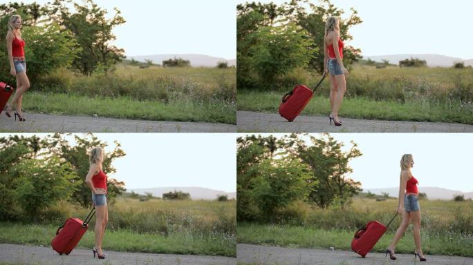 女孩带着红色袋子旅行