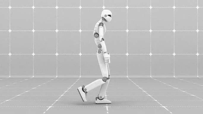 白色未来派机器人行走室内侧视图