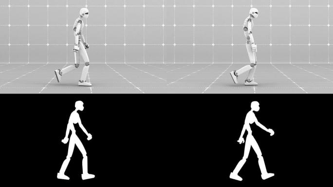 白色未来派机器人行走室内侧视图