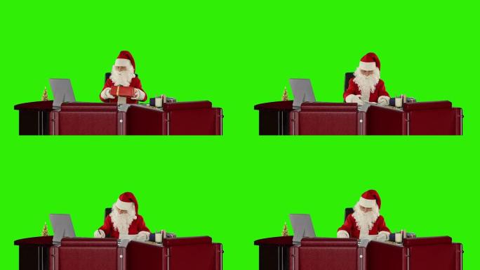 圣诞老人阅读信件和整理礼物，绿屏
