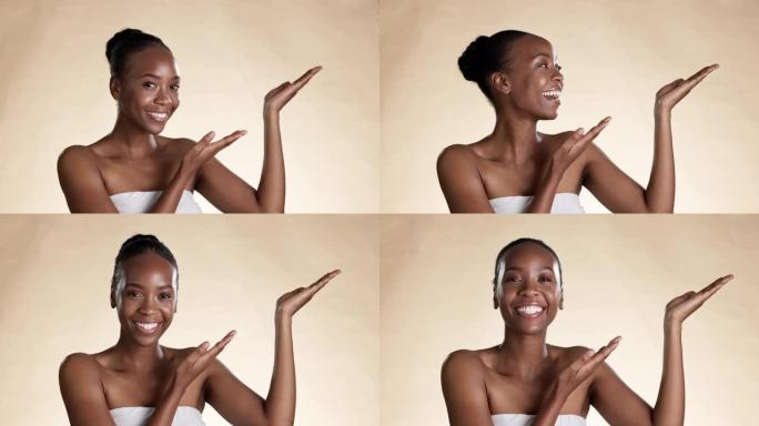 脸，女人和护肤美容，手在工作室背景下放置产品或幸福。肖像，非洲裔美国女性或女士，带有广告化妆品、微笑