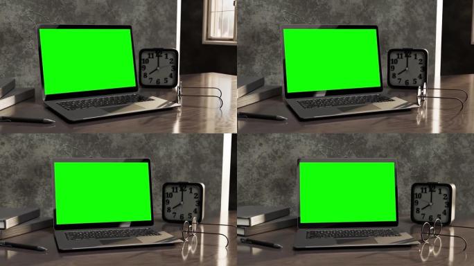 笔记本电脑模拟黑色，配有笔记本电脑、闹钟和眼镜。以深色设计。可用于教育或商业背景。绿屏和动画。