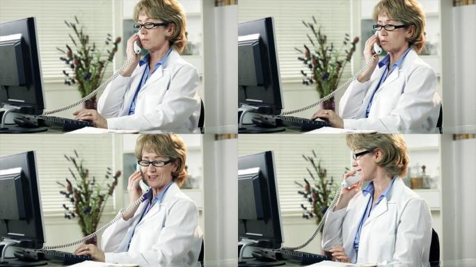 办公室里的女性医疗技术人员接听电话