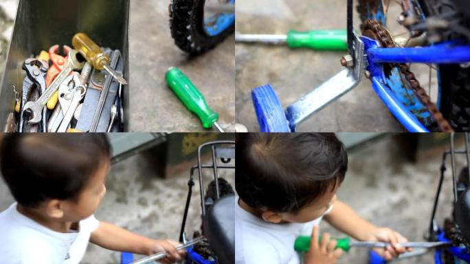 儿童自行车修理。