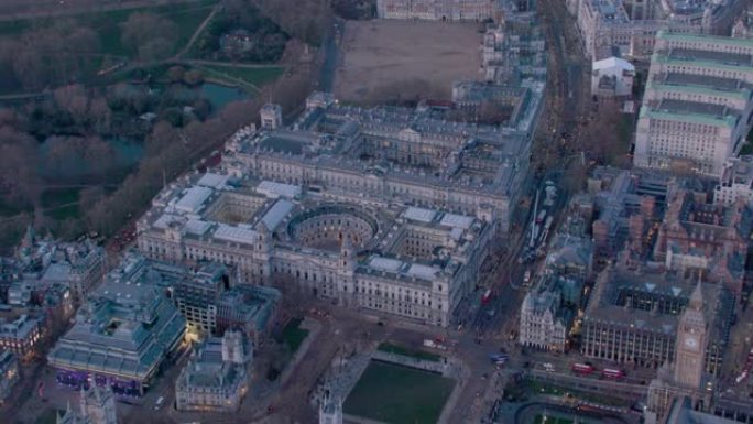 英国伦敦，议会大厦和白厅的鸟瞰图。4 k