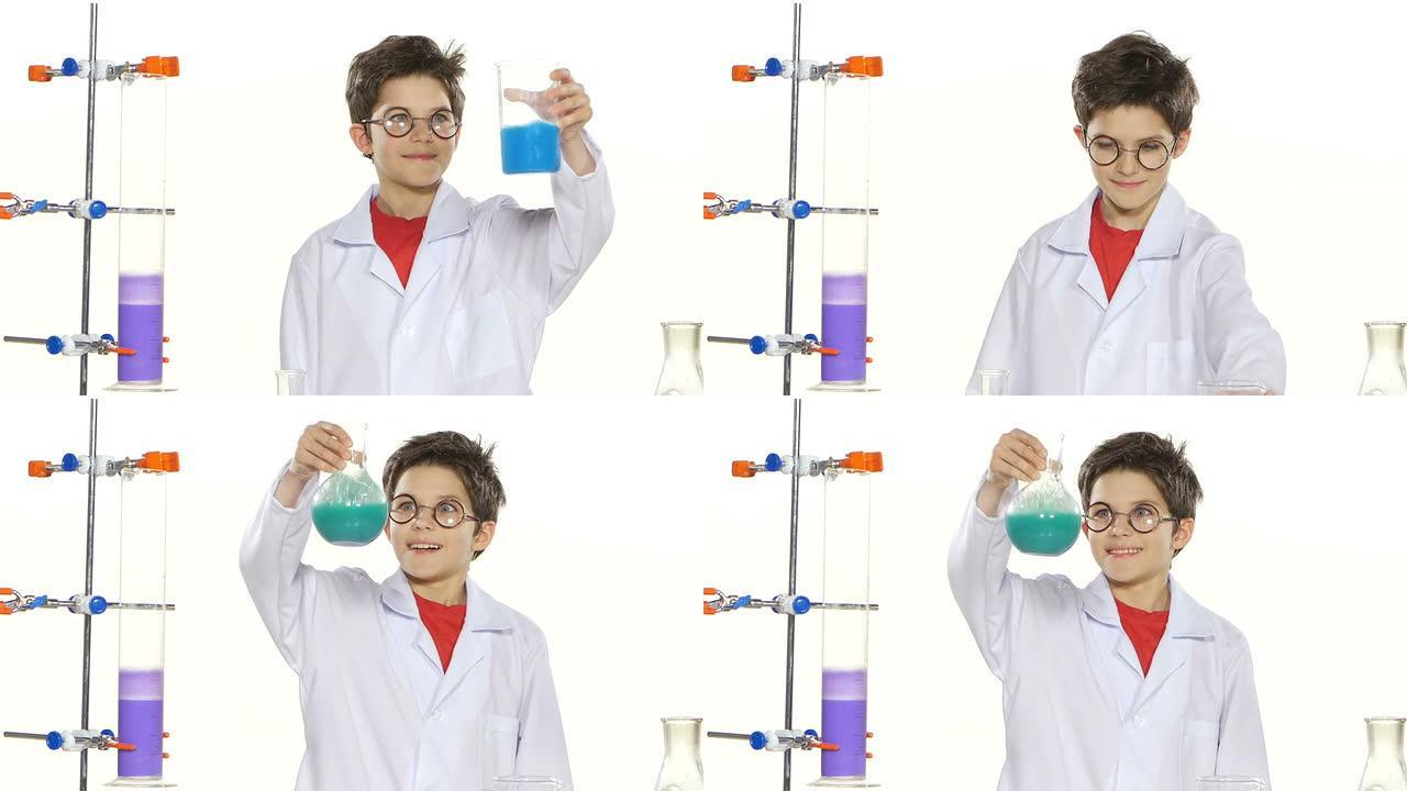 年轻的男孩化学家穿着制服，红色衬衫和圆形眼镜在实验室里在白色背景上做一些实验和奇迹