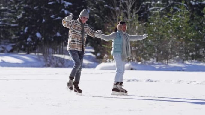 TS夫妇在冰冻的湖面上滑冰时自拍