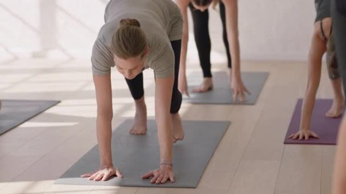 瑜伽课上年轻的白人孕妇练习朝下的狗姿势享受健康的生活方式团体在健身工作室锻炼