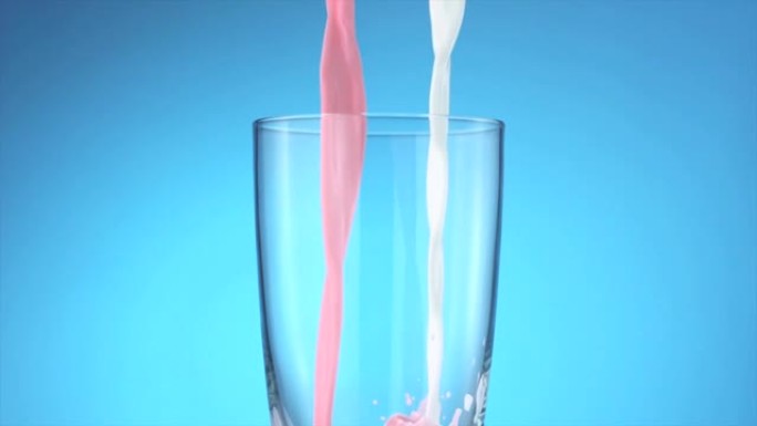 牛奶和草莓-牛奶倒入玻璃中，慢动作