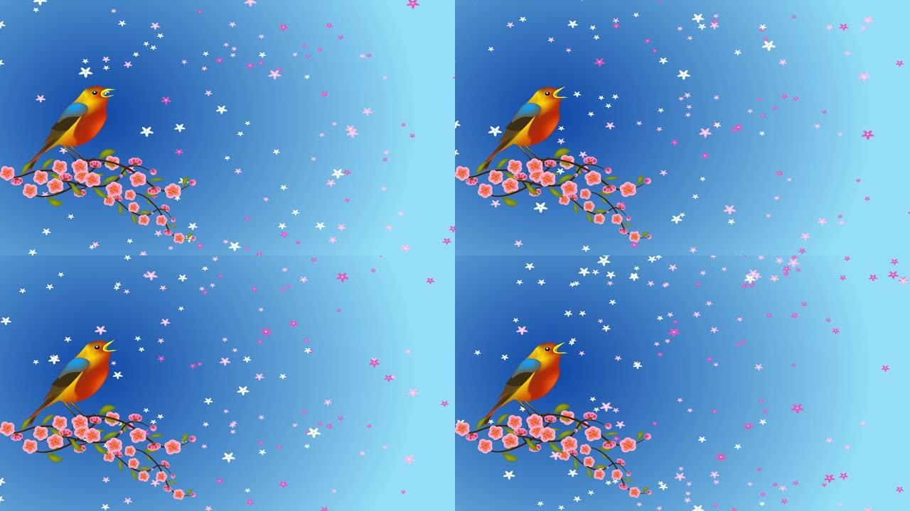卡通鸟坐在蓝色背景上有粉红色花朵的树枝上。飞翔的动画樱花。