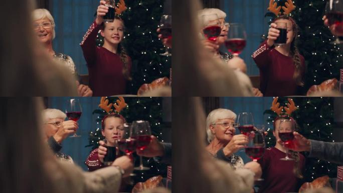圣诞家庭制作吐司祖母庆祝节日，孙女分享自制盛宴，享受在家庆祝4k镜头