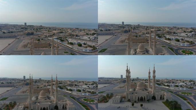 阿拉伯联合酋长国拉斯海玛清真寺和海洋，空中