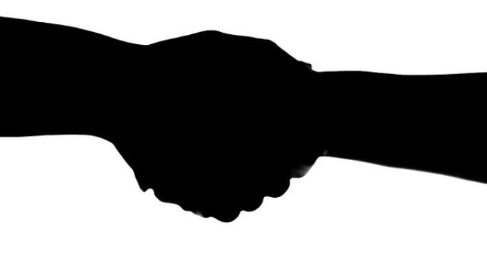 两个人握手，轮廓孤立在白色上。