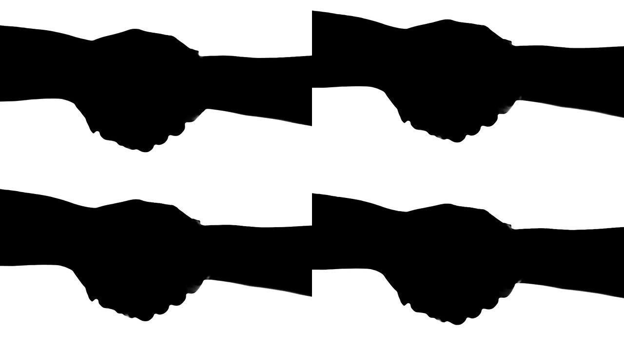 两个人握手，轮廓孤立在白色上。