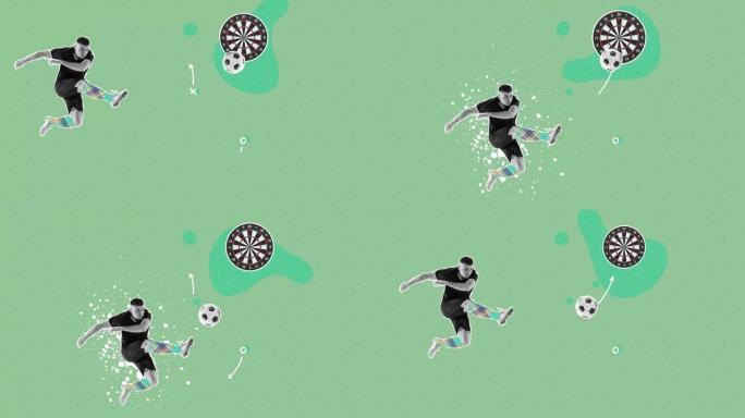 停止动作，动画。职业男子足球运动员用图纸在绿色背景上踢球。体育，成就，媒体，博彩