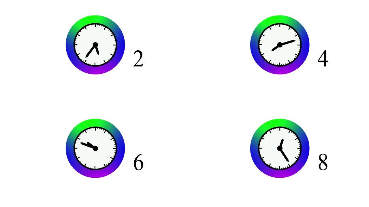 黑色背景白色墙壁上的光滑彩虹色动画秒表倒计时时钟。90卢比