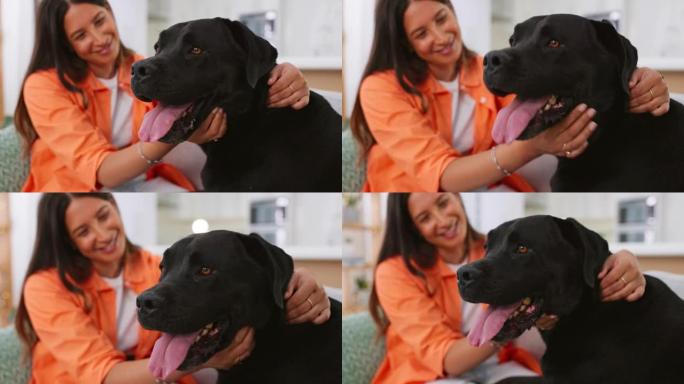 女人、狗和护理在家里的客厅沙发上为爱、触摸或朋友拥抱幸福。狗狗妈妈、沙发和休息室，带宠物、动物或黑色