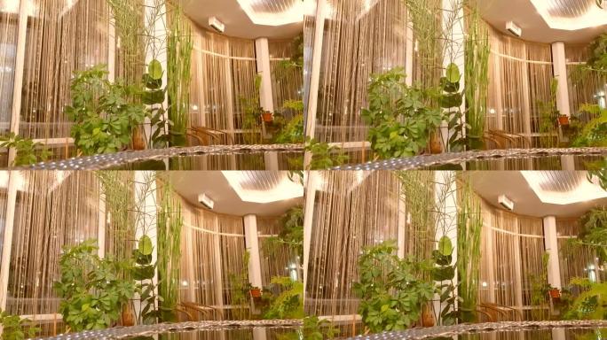 4k视频，冬季花园的豪华内部，配有全景窗户和盆栽室内鲜花，酒店大堂