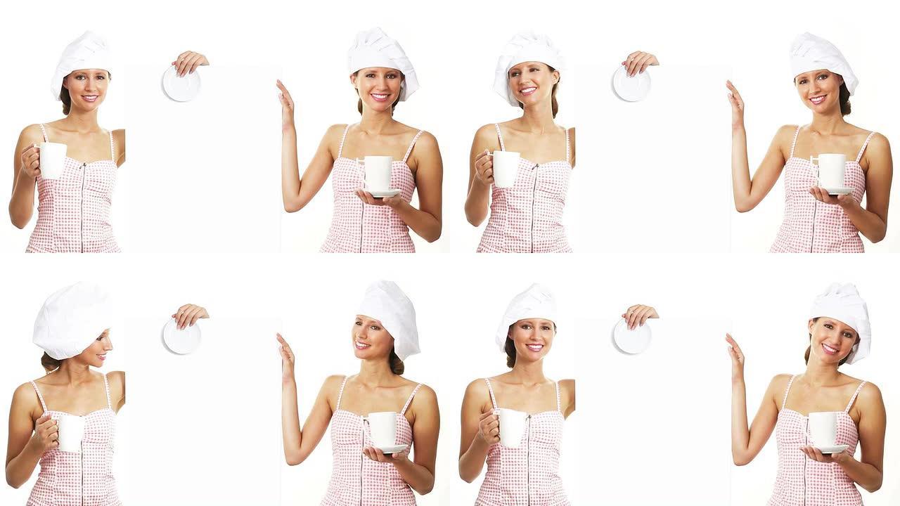 厨师女人，杯子显示白色广告牌，营销理念