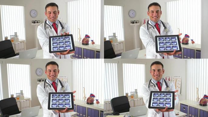 西班牙裔医生使用平板电脑屏幕显示超声检查