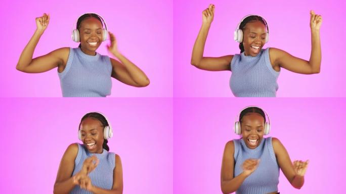 黑人妇女，跳舞和耳机听音乐，以庆祝在粉红色工作室背景下获胜，打折或出售。快乐孤立的非洲裔美国女性享受