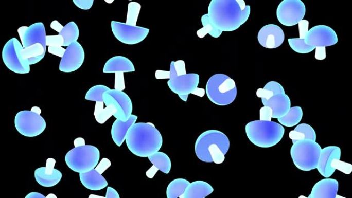 黑色背景上的霓虹蓝色蘑菇雨。毒蘑菇。3D动画。