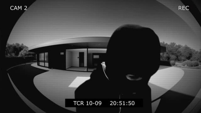 戴着面具站在后院的小偷。一个窃贼进入房子的监控监控摄像头。