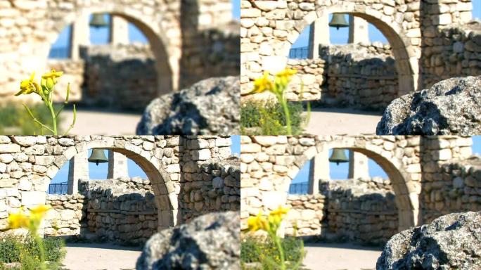 石拱门背景上的草原花，古城城墙。