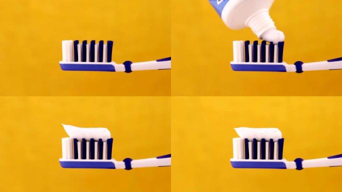 牙刷特写上的牙膏