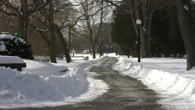 公园里有步行道的冬季风景 (高清)