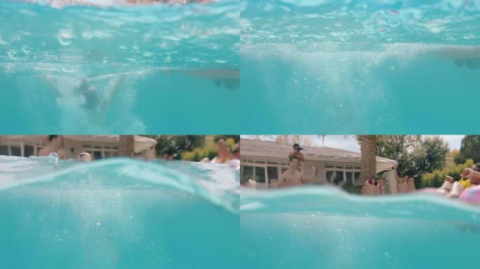 跳进游泳池的年轻女子朋友欢呼享受暑假玩得开心在温暖阳光明媚的日子游泳放松在游泳花车4k