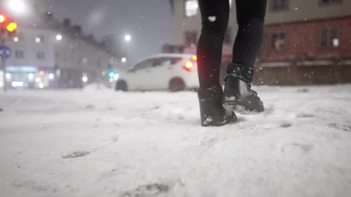 女人在暴风雪中过马路