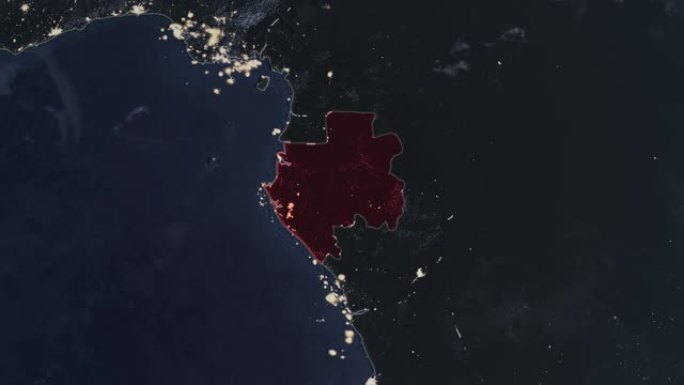突出显示加蓬的黑暗地图，通过4K照片真实动画地球从太空放大，全景包括非洲、西欧和美国。史诗旋转的世界
