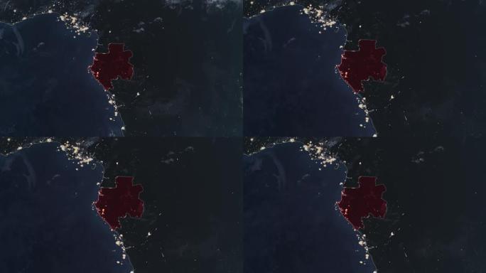 突出显示加蓬的黑暗地图，通过4K照片真实动画地球从太空放大，全景包括非洲、西欧和美国。史诗旋转的世界