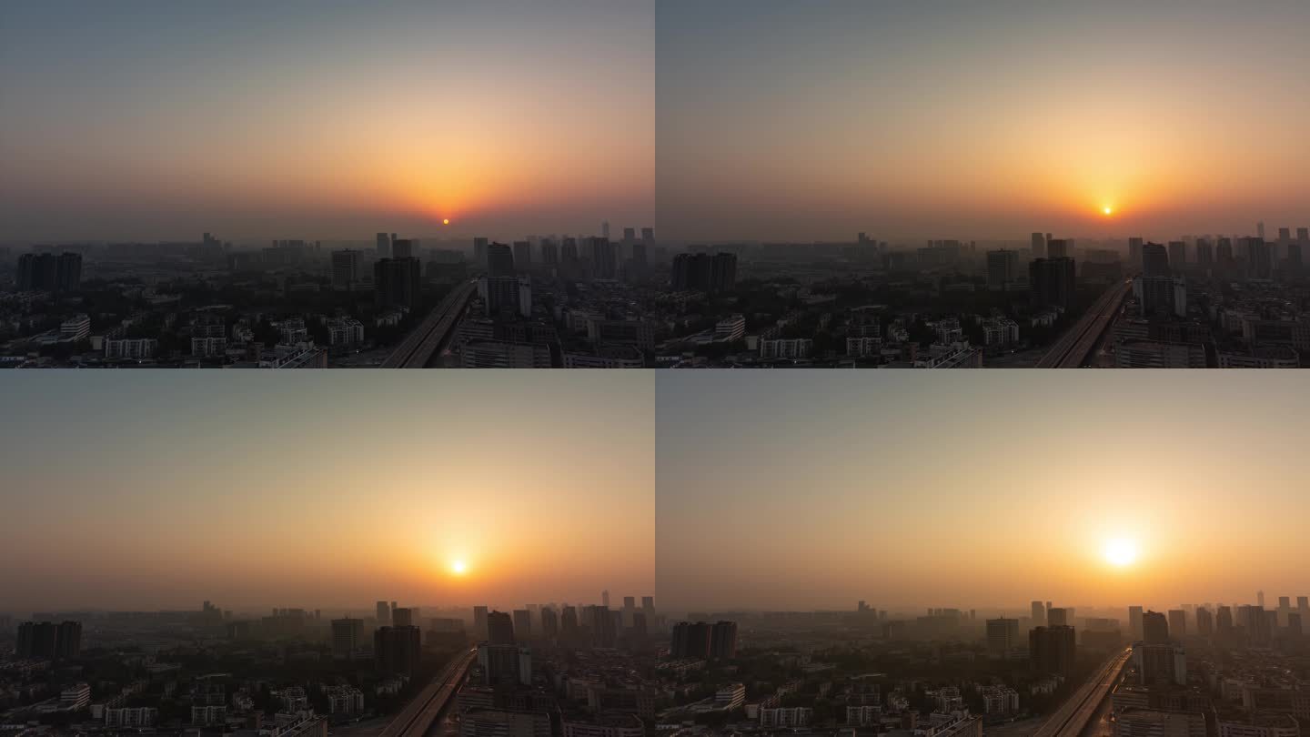 城市日出红太阳升起城市逆光剪影成都地平线