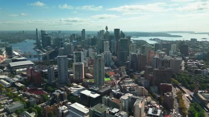 4k鸟瞰图悉尼城市中央商务区各种建筑的实时镜头通过可持续资源通过住宅建筑，悉尼