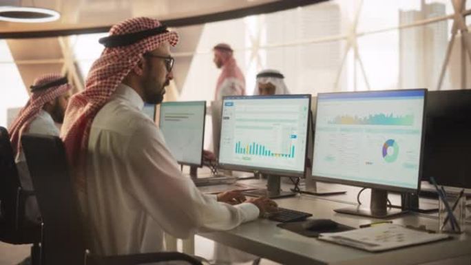 阿拉伯市场金融分析师在台式计算机上的研发机构工作。专注的中东专家在现代办公室管理公司投资组合