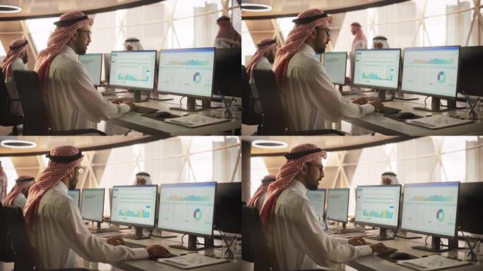 阿拉伯市场金融分析师在台式计算机上的研发机构工作。专注的中东专家在现代办公室管理公司投资组合