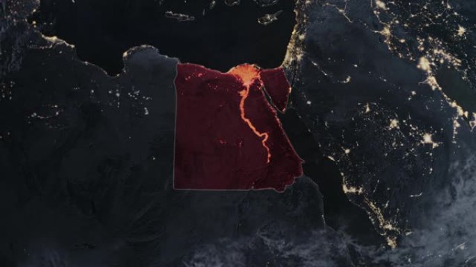 突出显示的埃及黑暗地图，通过4K照片真实动画地球从太空放大，全景包括非洲、西欧和美国。史诗旋转的世界