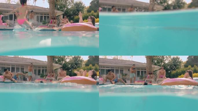 跳进游泳池的年轻女子朋友欢呼享受暑假玩得开心在温暖阳光明媚的日子游泳放松在游泳花车4k