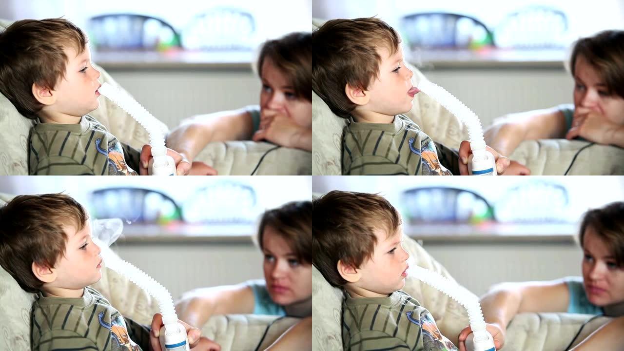 小男孩和母亲使用雾化器吸入药物